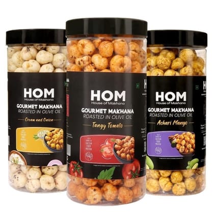 GOURMET MAKHANA Roasted in Olive Oil | Flavors Tangy Tomato, Cream & Onion and Achari Mango | Combo Of 3, 65g Each. - 195 gm