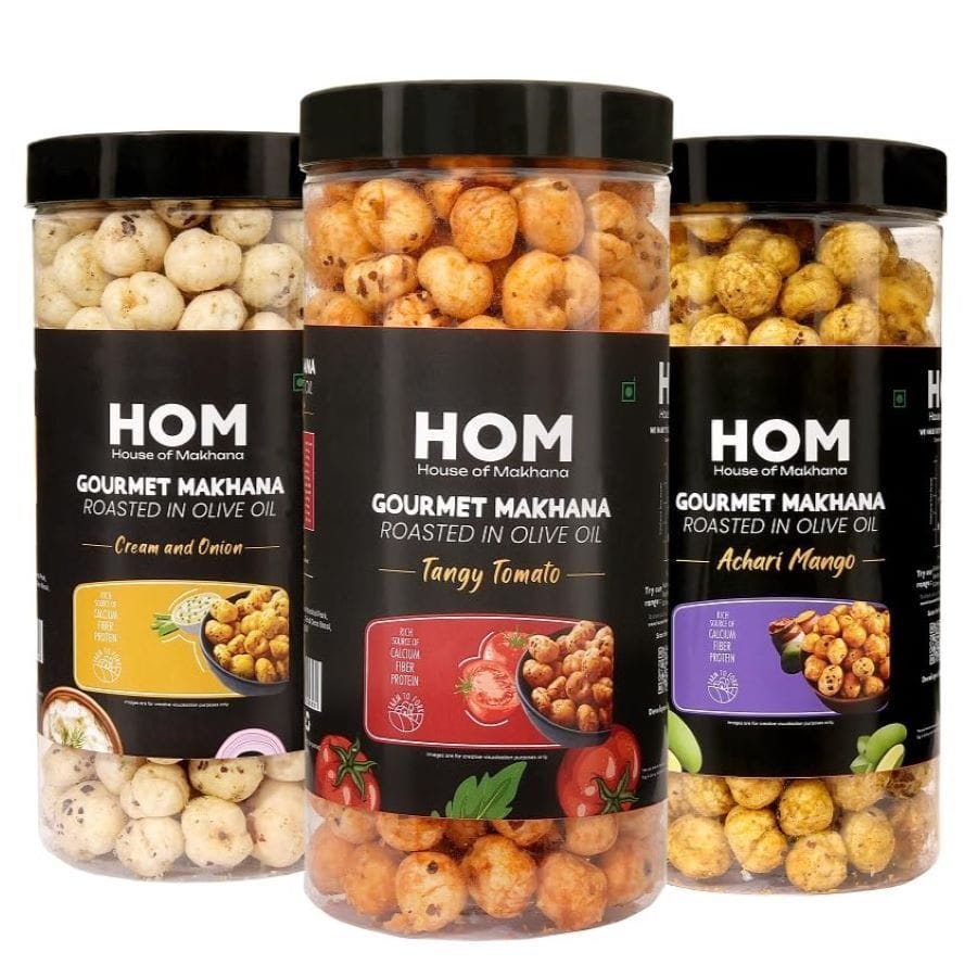 GOURMET MAKHANA Roasted in Olive Oil | Flavors Tangy Tomato, Cream & Onion and Achari Mango | Combo Of 3, 65g Each. - 195 gm