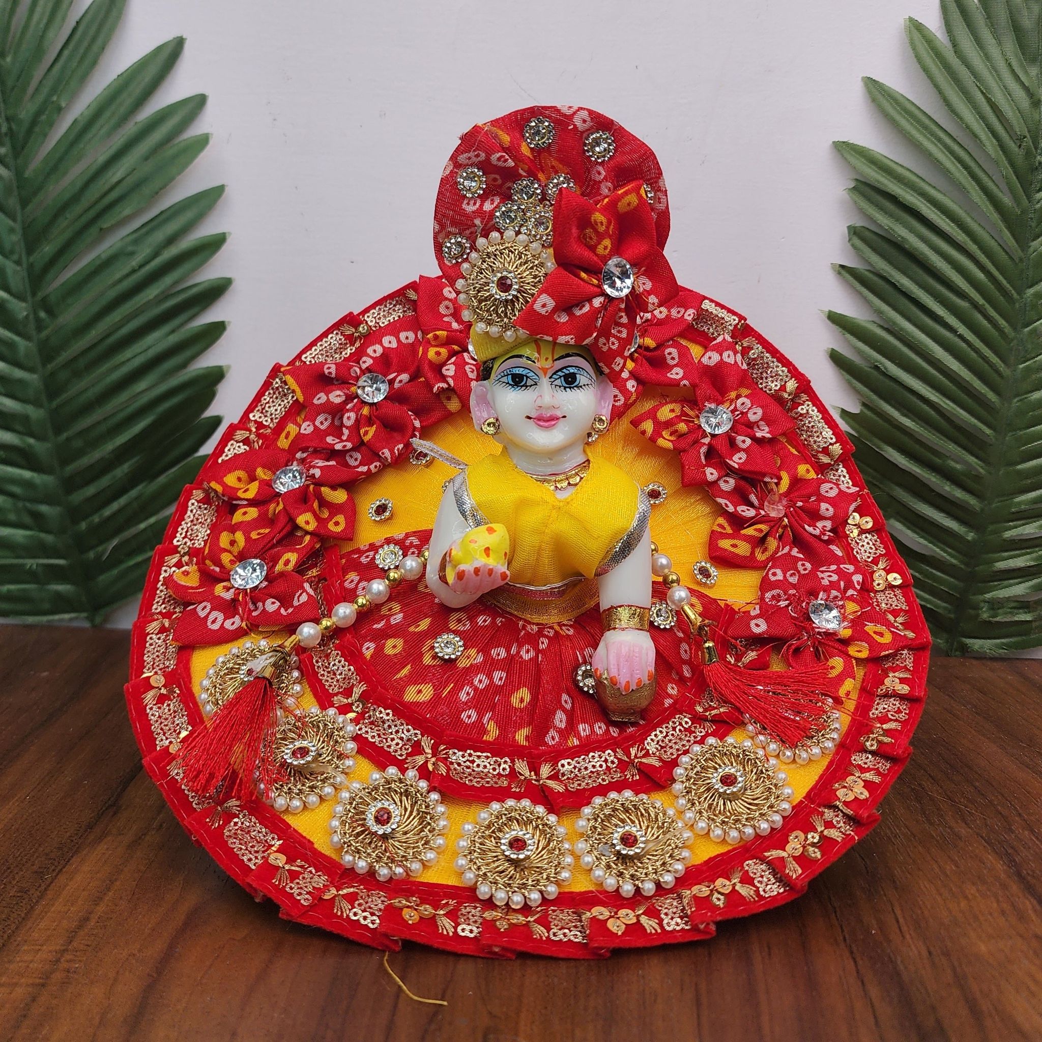 Beautiful red bhandej with crochet dress for laddu gopal ji-0