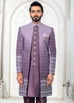 Purple Embroidered Open Indo Western Set-S