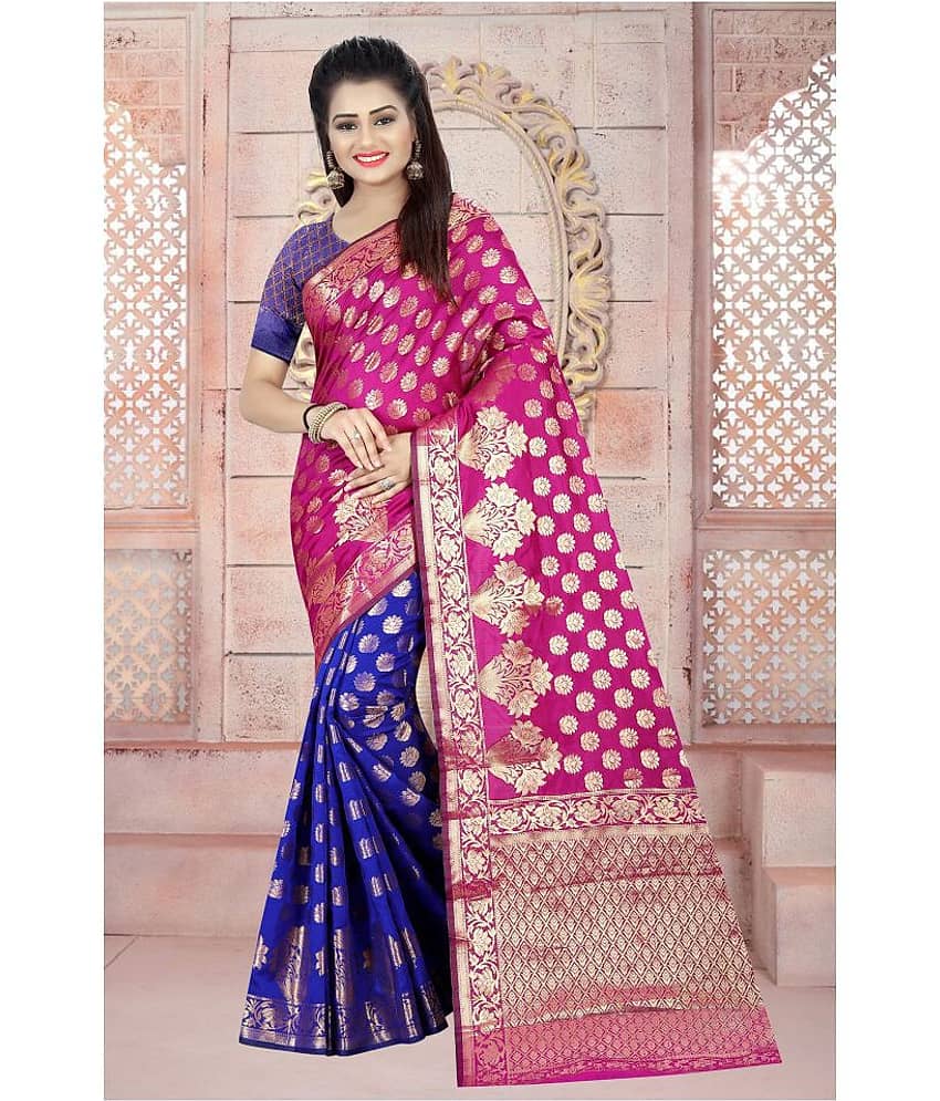 Gazal Fashions Banarasi Silk Printed Saree With Unstitched Blouse Piece ( Multicolor )