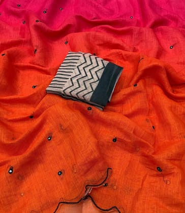 Launching new Soft Linen cotton Digital printed saree with aari work  & foil mirror work with aariwork cut work border