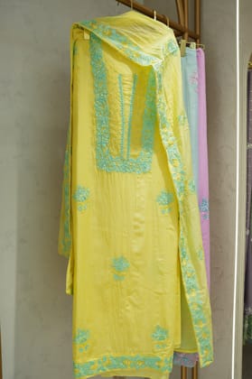 Mehema Chickenkari Unstitched Suit-Yellow