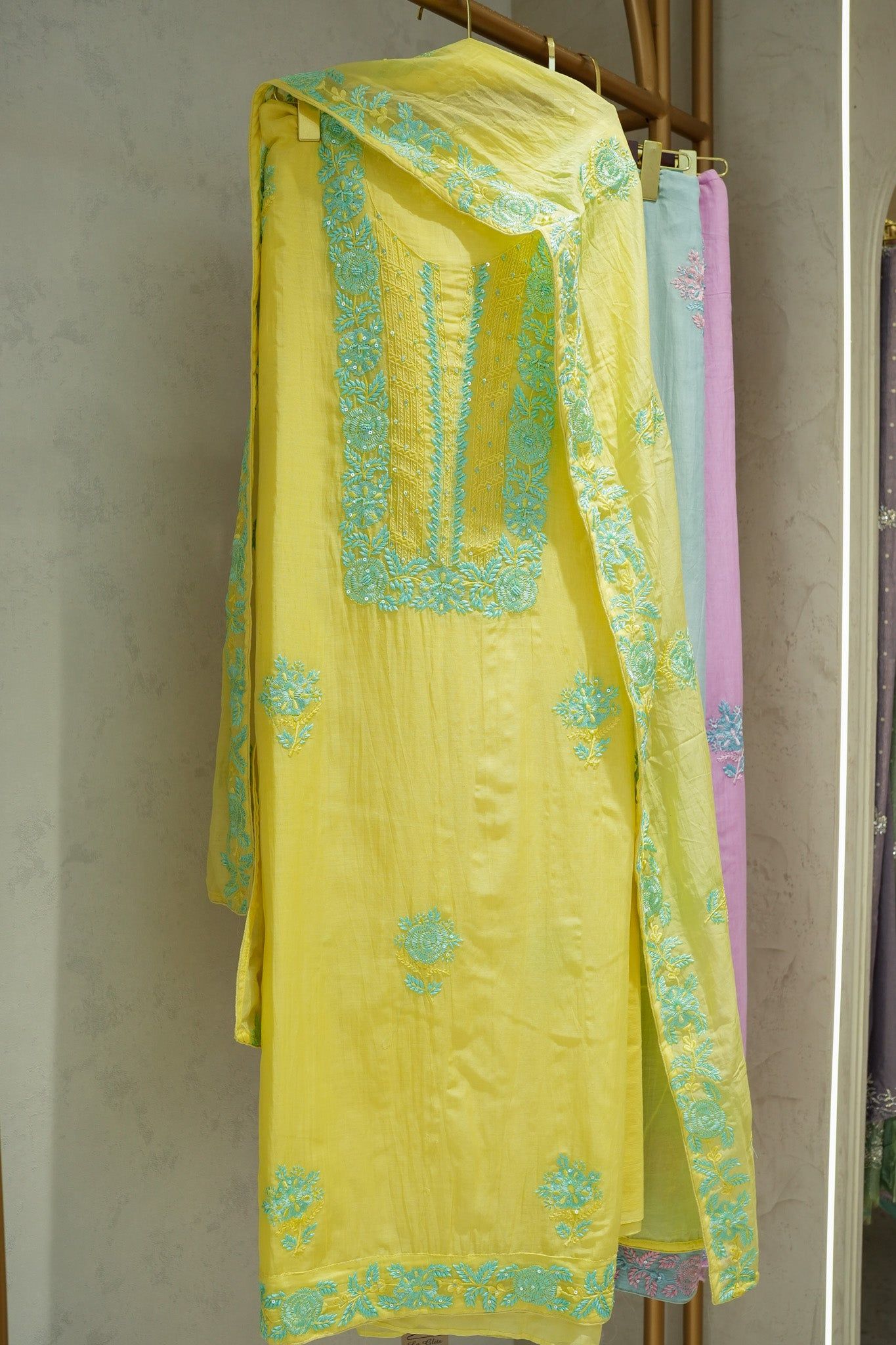 Mehema Chickenkari Unstitched Suit-Yellow