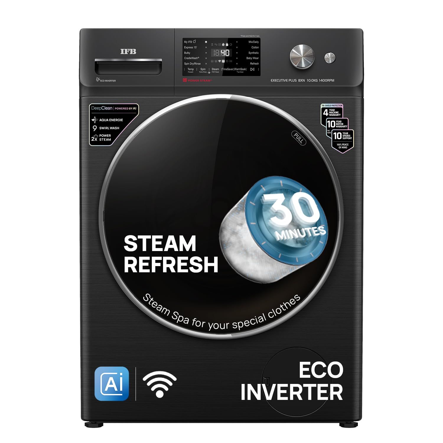 IFB 10 Kg 5 Star, DeepClean, AI Powered, WiFi, Fully Automatic Front Load Washing Machine (EXECUTIVE PLUS BXN 1014KH, PowerSteam, 9 Swirl, Steam Refresh, Inbuilt Heater, Eco Inverter, Black VCM) IFB 10 Kg 5 Star, DeepClean, AI Powered, WiFi, Fully Automa