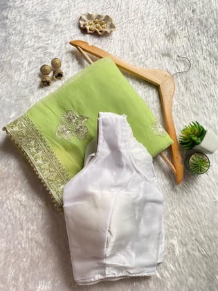 Muslin Roganza Multi Thread Work Saree-Green / With Stitched Blouse
