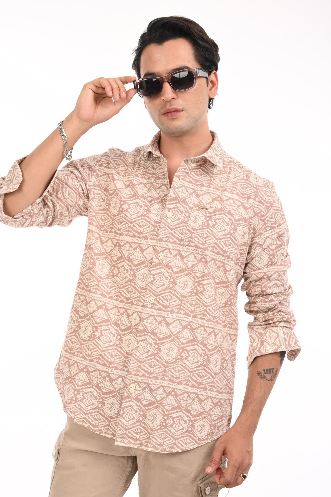 Peach Mirage Printed Cotton Shirt-M / peach