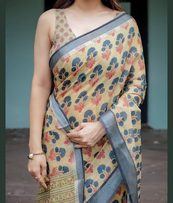 Almaari Fashion Linen Printed Saree With Unstitched Blouse Piece ( Multicolor )