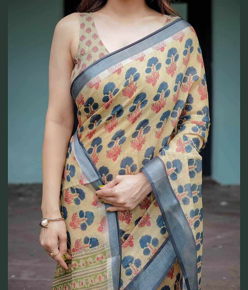 Almaari Fashion Linen Printed Saree With Unstitched Blouse Piece ( Multicolor )
