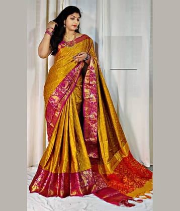 A TO Z CART Silk Blend Embellished Saree With Unstitched Blouse Piece ( Yellow )
