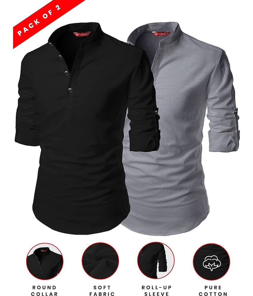 Yugnik Grey Cotton Men's Shirt Style Kurta ( Pack of 2 )