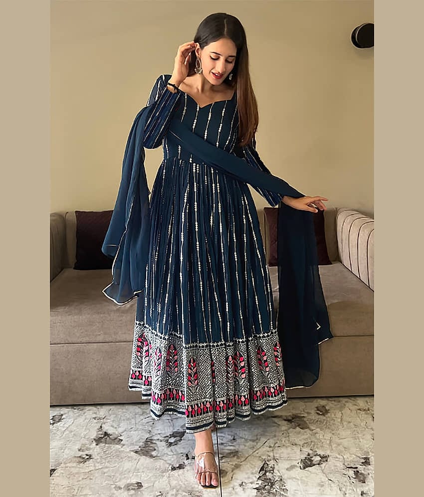 kedar fab Blue Anarkali Georgette Women's Stitched Ethnic Gown ( Pack of 1 )