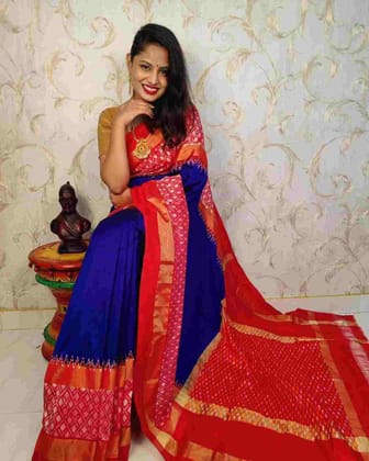 POCHAMPALLY SAREE BLUE WITH RED COLOR