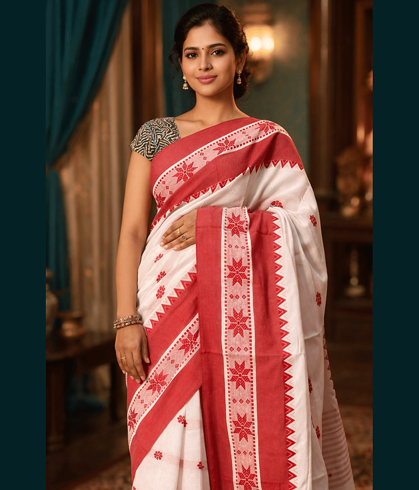 shopeezy tex fab Cotton Blend Self Design Tant Saree Without Blouse Piece ( White,Red )