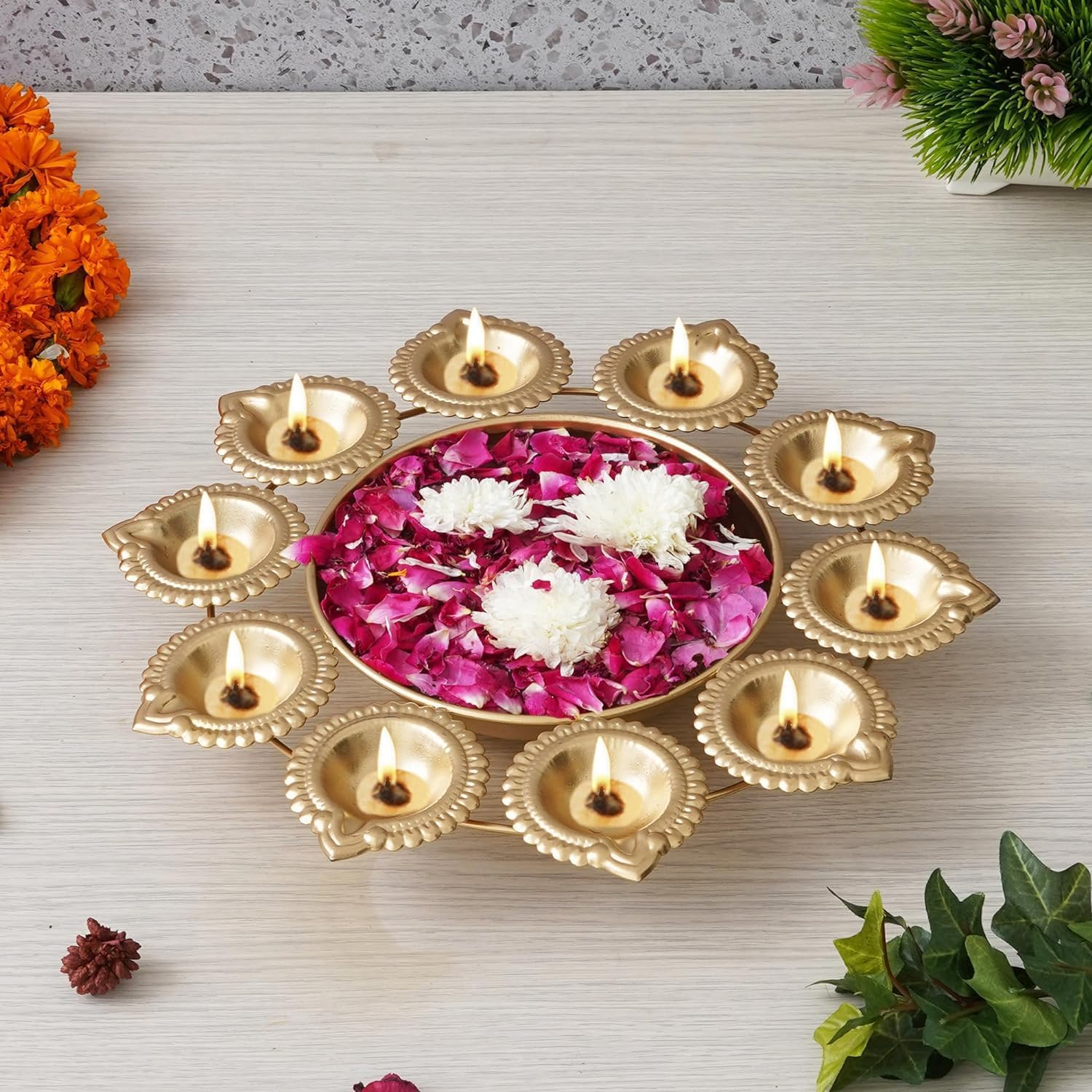 Golden Urli Bowl 10 Diyas | Set of 2