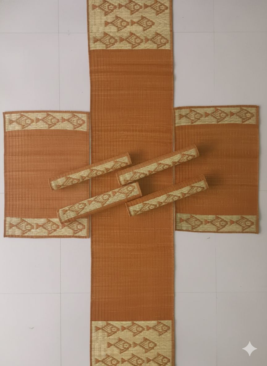 Sandhya Mat Unit Classic Madurkathi Grass Handwoven Dining Table Mat And Runner Set