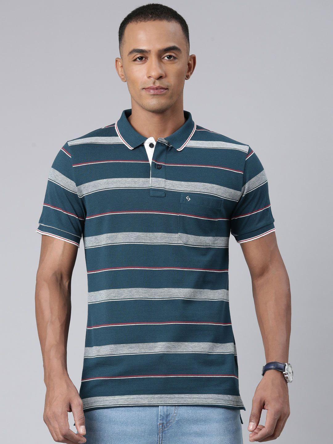Classic Polo Mens Striped Teal/Grey Polo Neck Slim Fit T-Shirt | ADORE - 218 A SF P