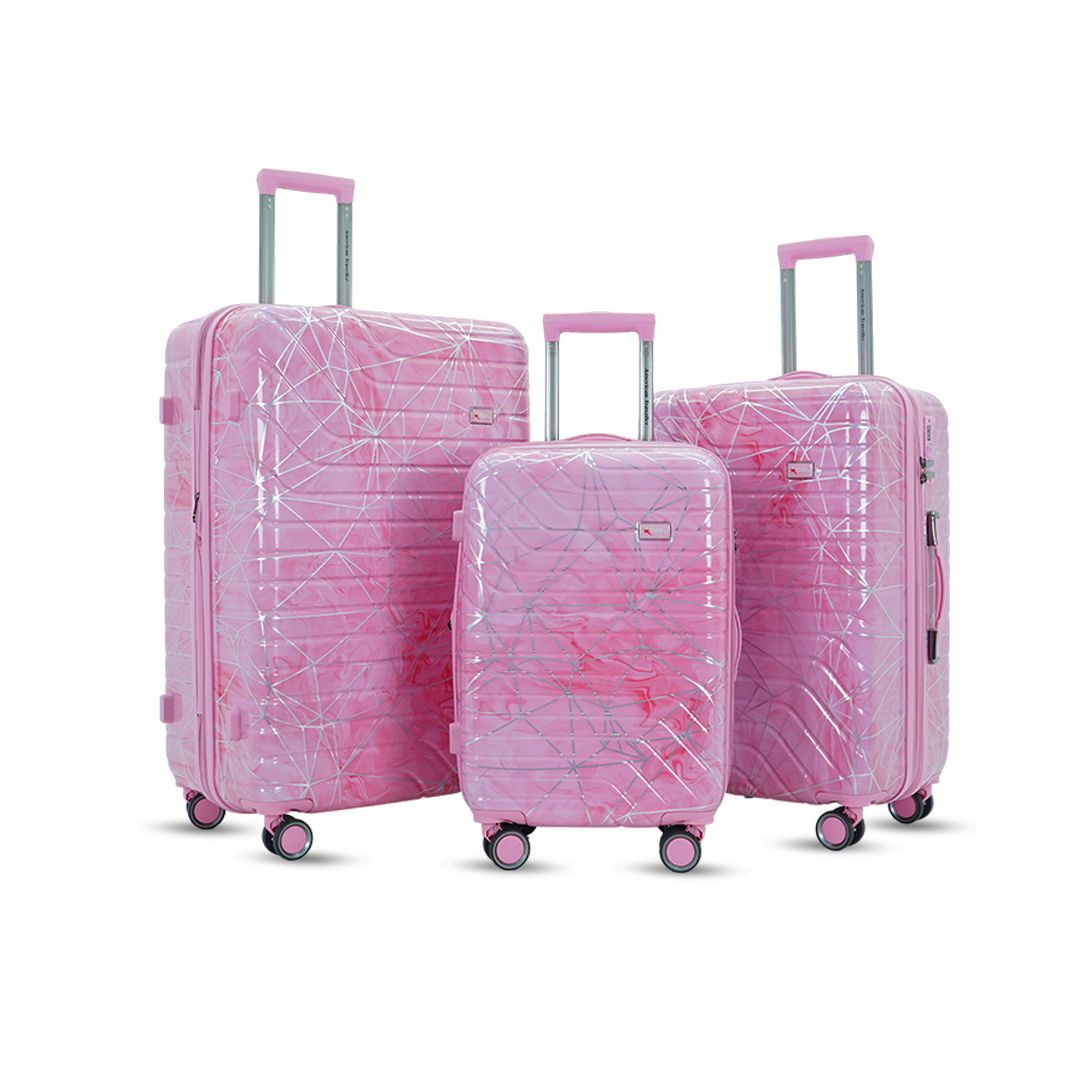 American Traveller Spider Trolley Bags Set of 3 Large Polycarbonate Expandable Hardshell Printed, Lightweight, Durable Travel Luggage Suitcase with Metallic Tone 8 Wheels 360 Rotatable (3, Pink)