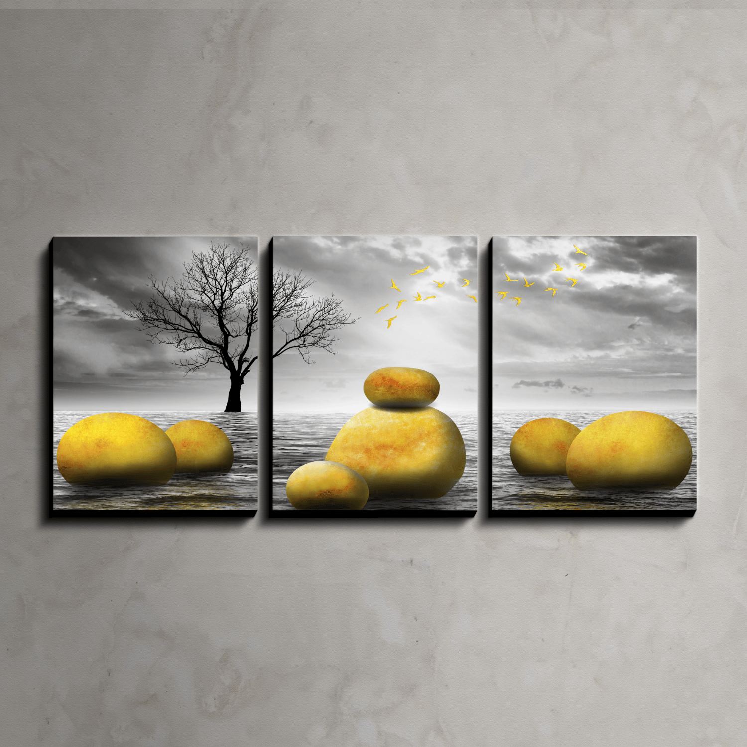 Abstract Golden Stone Wood Print Wall Art Set of 3-9 x 12 Inches Each / Pinewood Thickness: 6mm