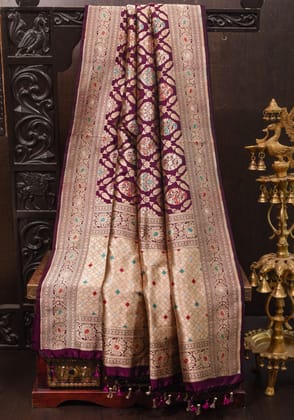 Maroon Banarasi Katan Silk Saree with Meenakari Jaal Floral Motifs and Zari Border | SILK MARK CERTIFIED