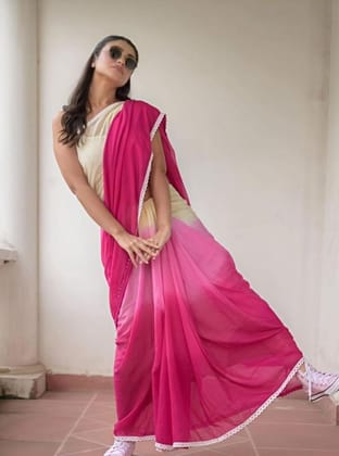 DARSHANS Women's Linen Printed Saree With Unstitched Blouse 5.5Mtr (Pink)-PID65210