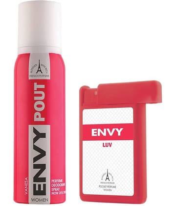 Envy Pout Deodorant Body Spray for Women 120ml & Luv Pocket Perfume 18ml (Pack of 2)