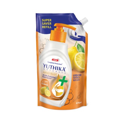 Yuthika Liquid Hand Wash Refill Pack 675ml Lemon Handwash, Complete Germ Protection Handwash with a pH Balanced Formula