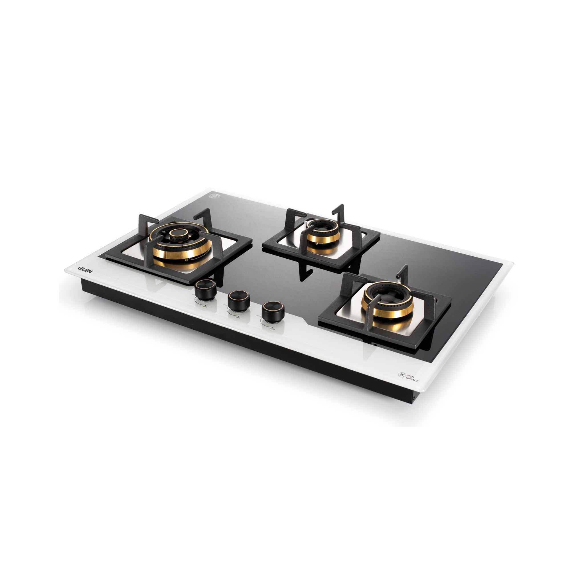 3 Burner Black and White Glass Gas Hob Top with Triple Ring, Total Double Ring Brass Burner (BH1073XLCIHTTDBBW)