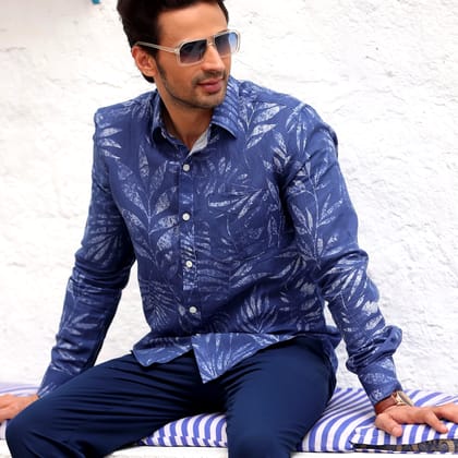Tropical Leaves Cobalt Blue Casual Pure Linen Full Shirt (Size - S) by BLUE EAGLE