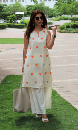 Cotton Ivory Tangerine Heart  Embroidered Co-ord-XXS