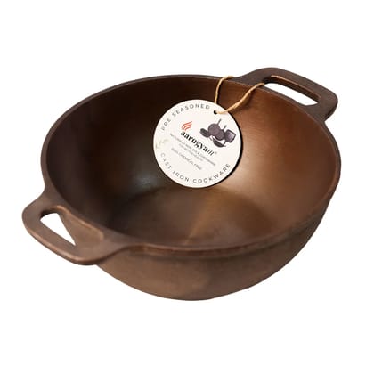 Aarogyam Cast Iron Double Handle Round Loha Kadai 10 inch Diameter (25 cm), Pre-Seasoned, Naturally Non-Stick & Toxin-Free, Gas & Induction Compatible- Perfect For Deep Frying, Weight -2.5 kg (Colour - Black) by Aarogyam - The Cast Iron Shop