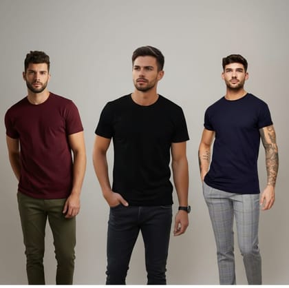 MEN SOLID ROUND NECK PURE  COTTON T SHIRT NAVY/BLACK/MAROON COMBO