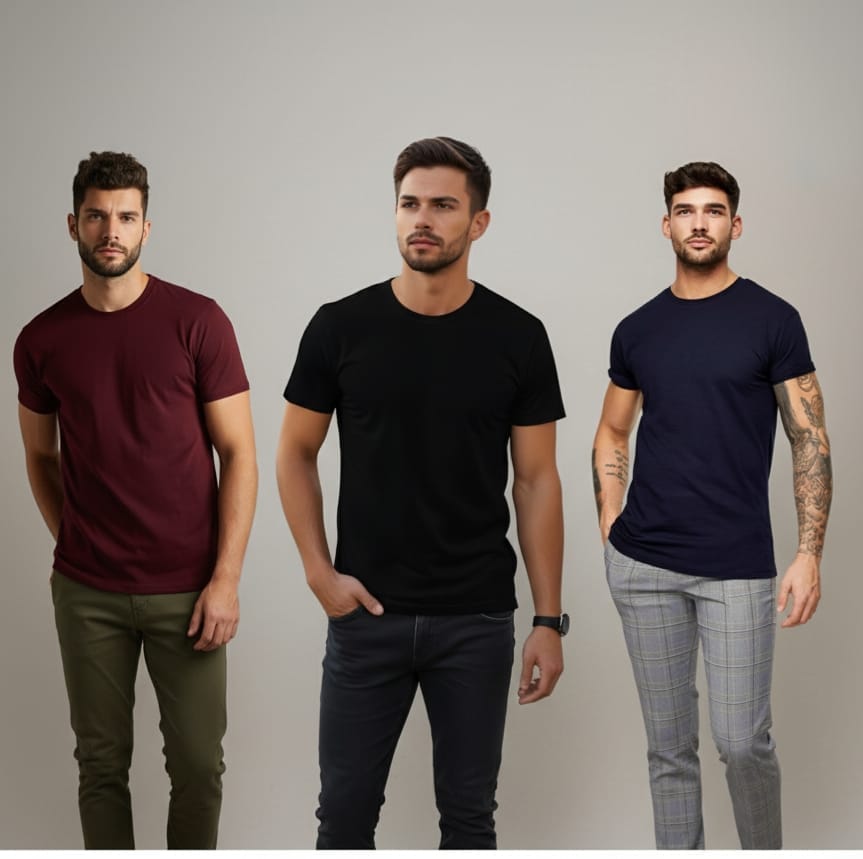 MEN SOLID ROUND NECK PURE  COTTON T SHIRT NAVY/BLACK/MAROON COMBO