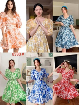 Floral A Line Dress with Belt-M / GREEN