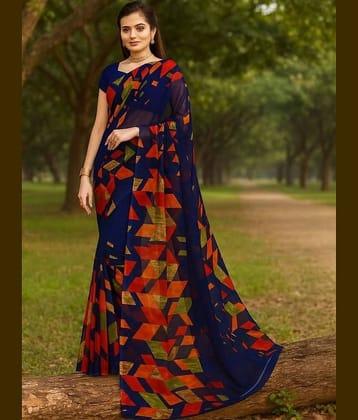 Vkaran Georgette Printed Regular Saree With Unstitched Blouse Piece ( Navy Blue )