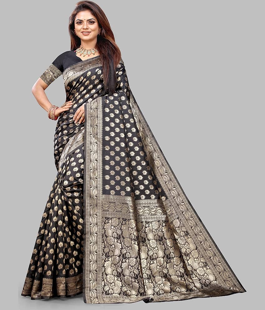 Gazal Fashions Banarasi Silk Embellished Saree With Unstitched Blouse Piece ( Black )