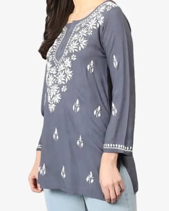 Lucknowi Chikankari Hand Embroidery Cotton Rayon Grey Short Kurti