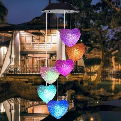 Colorful Solar Powered LED Wind Chime Light - Outdoor Decorative Wind Heart Craft Bell