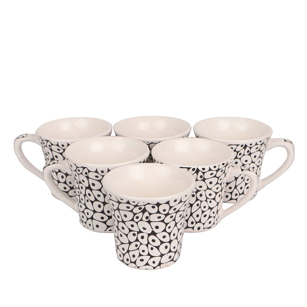 Femora Handcrafted Indian Ceramicware White Dots Tea Cups, 190 ML, 6pcs