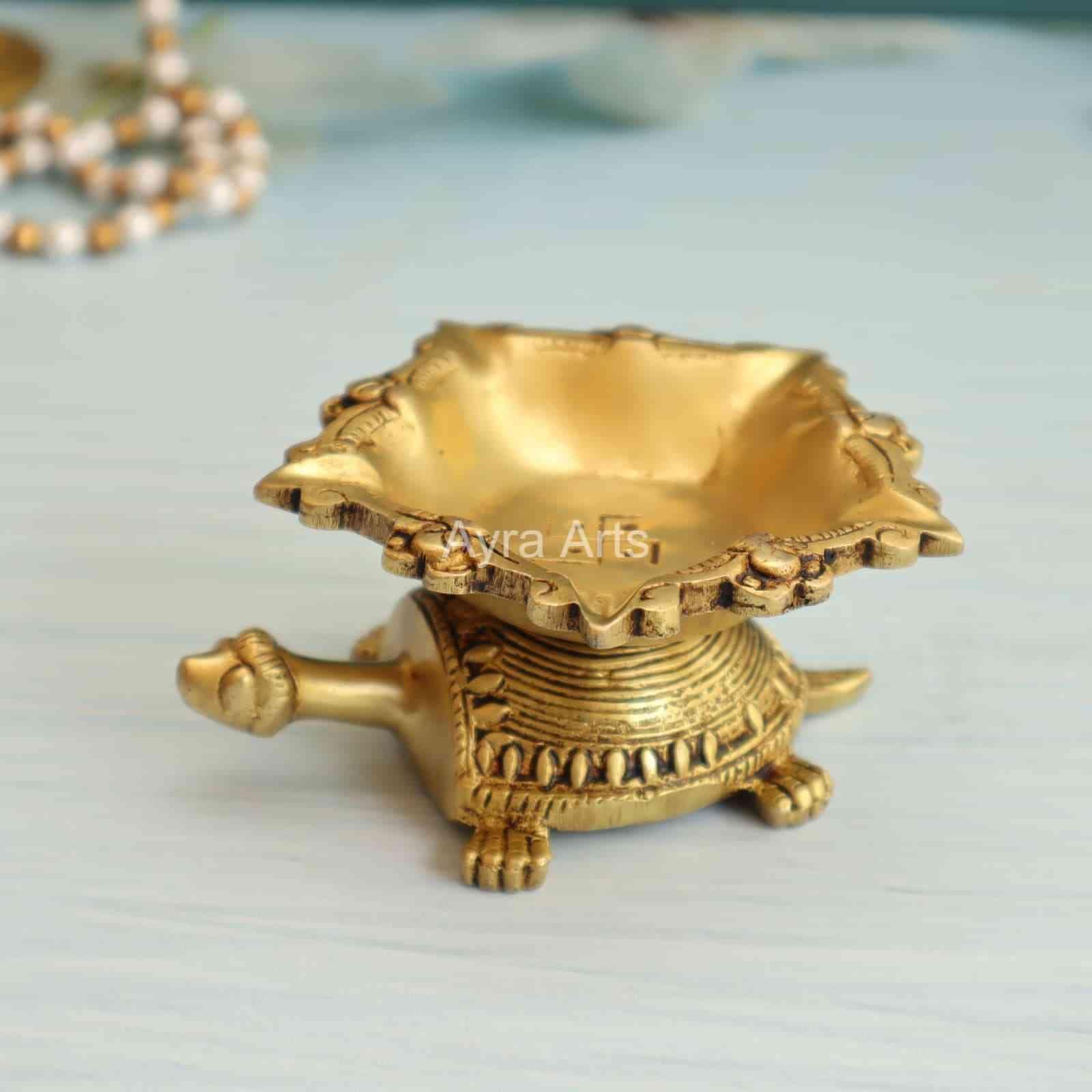 Brass Dhokra Art Tortoise Five Wick Diya - 2 Inch Height