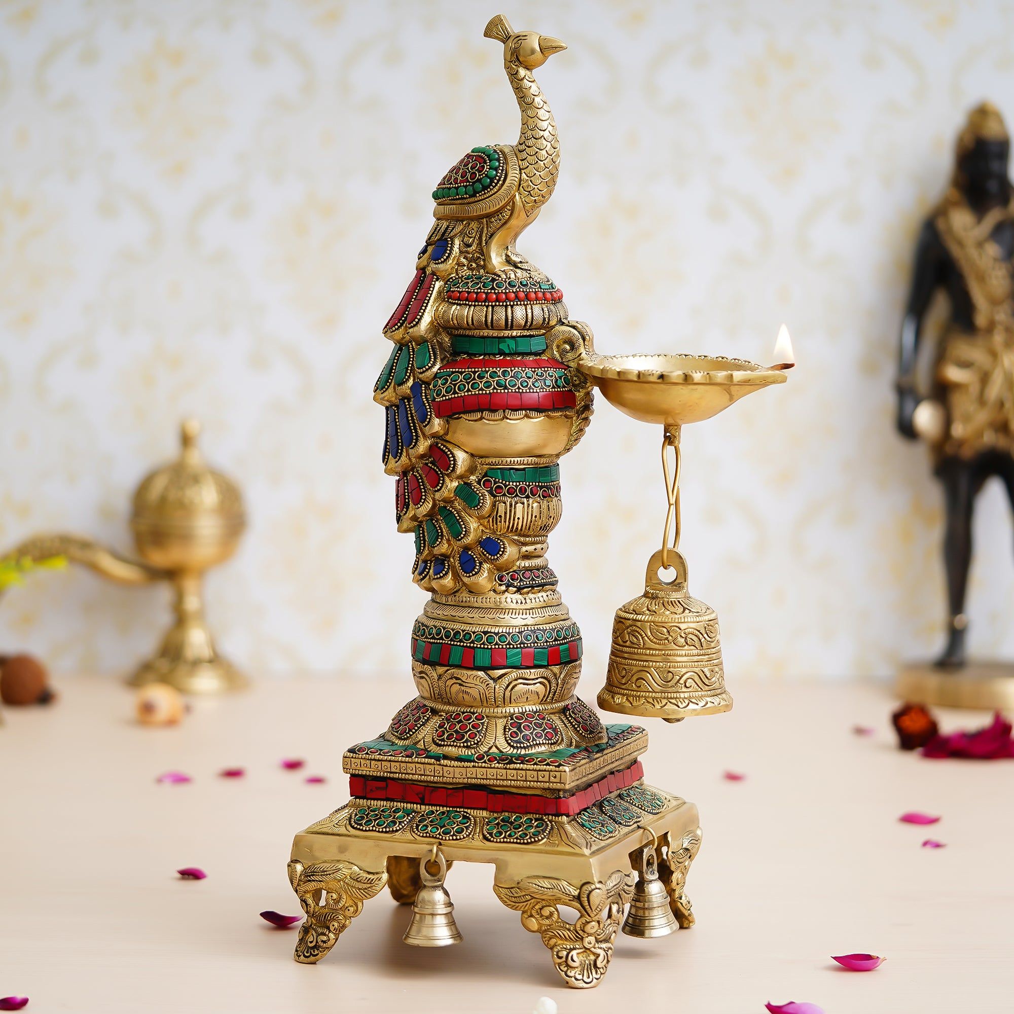 Handcrafted Stone Work Colorful Peacock Statue Stand Brass Diya with Bell