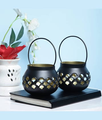 Urban hemlet Black Table Top Iron Tea Light Holder - Pack of 2