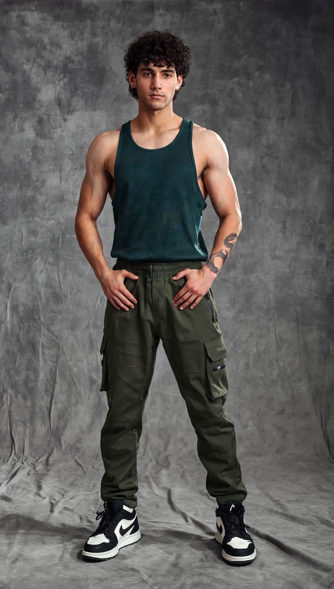 Muscle-Up Ribbed Tank - Green & Impact Woven Cargos - Olive-S