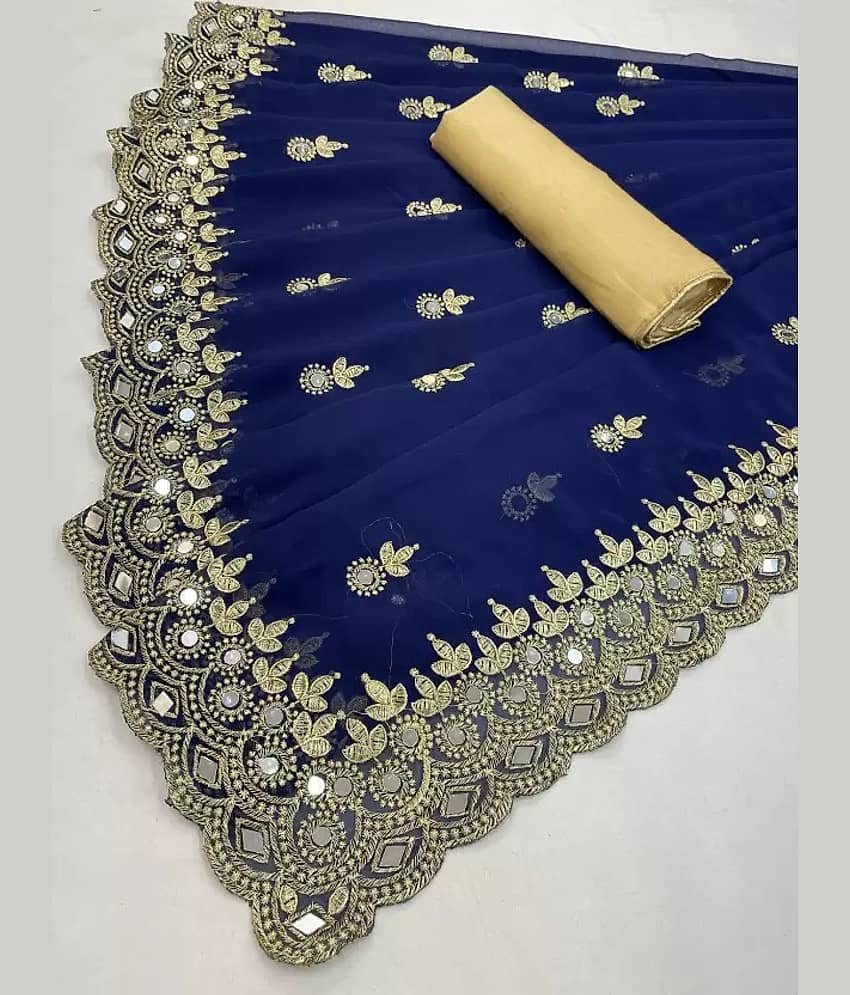 Samai Georgette Embroidered Saree With Unstitched Blouse Piece ( Blue )