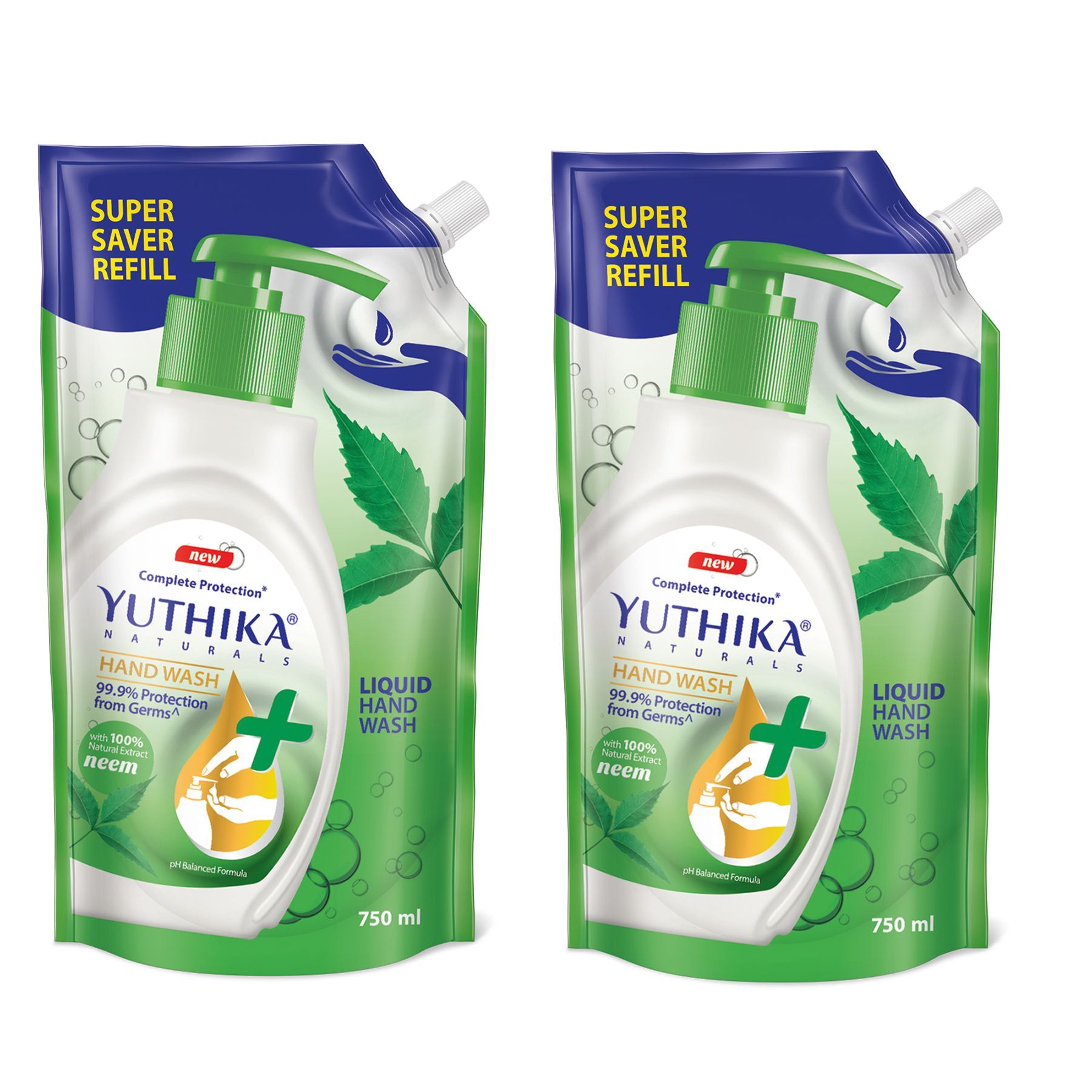 Yuthika Liquid Hand Wash Refill Pack 750ml Pack of 2, Neem Handwash, Germ Protection Handwash with a pH Balanced Formula