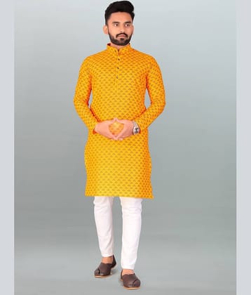 FRELURO Yellow Cotton Blend Regular Fit Men's Kurta Pyjama Set ( Pack of 1 )