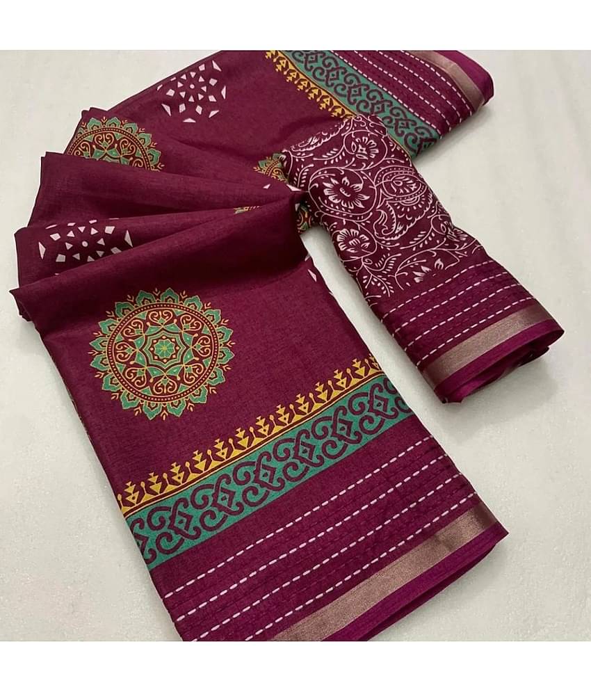 Bhuwal Fashion Art Silk Printed Saree With Unstitched Blouse Piece ( Magenta )