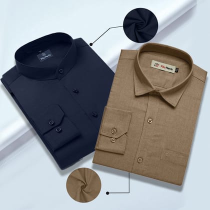 Cotton Linen Mandarin Collar Navy Blue & Filafil Spread Collar Beige - Classic Shirt Combo (Set of 2)-M