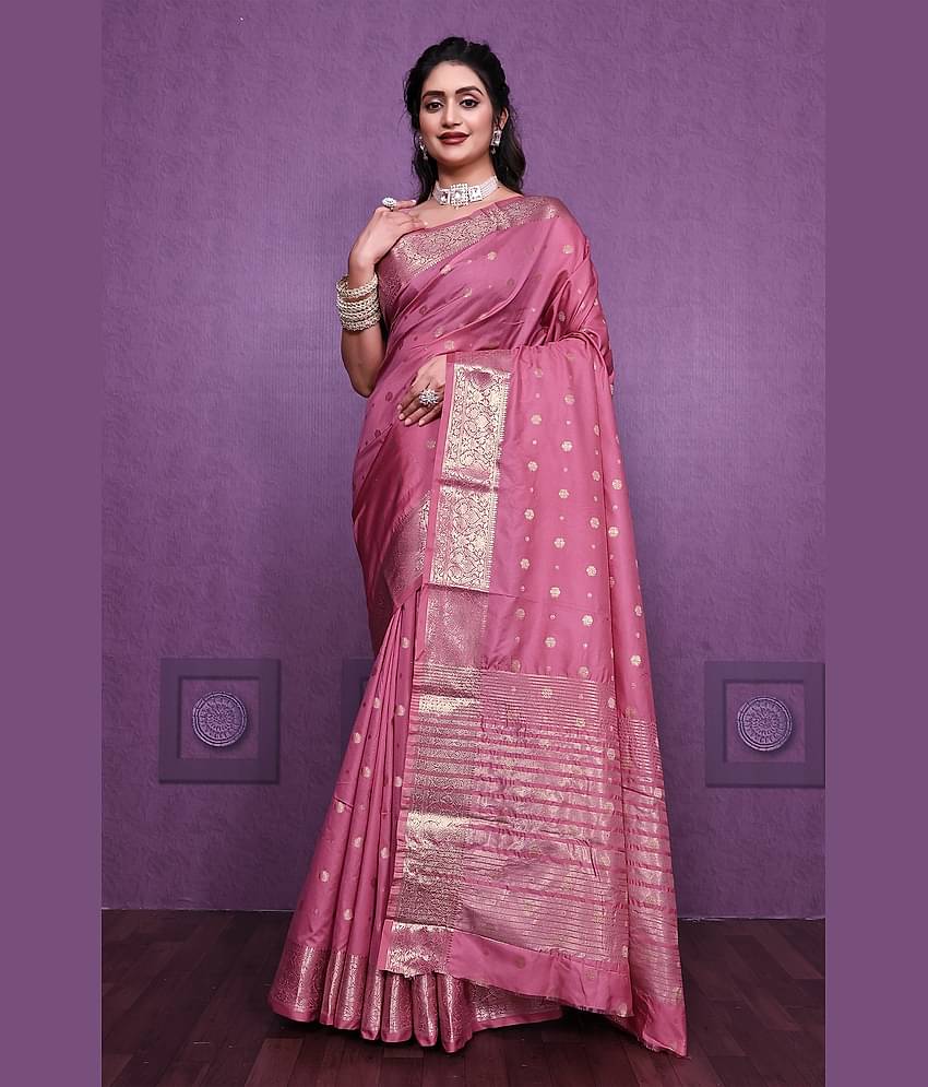 JULEE Silk Blend Solid Saree With Unstitched Blouse Piece ( Pink )