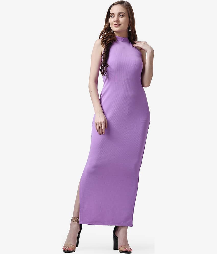 POPWINGS Women Polyester Solid Bodycon Dress ( Lavender )